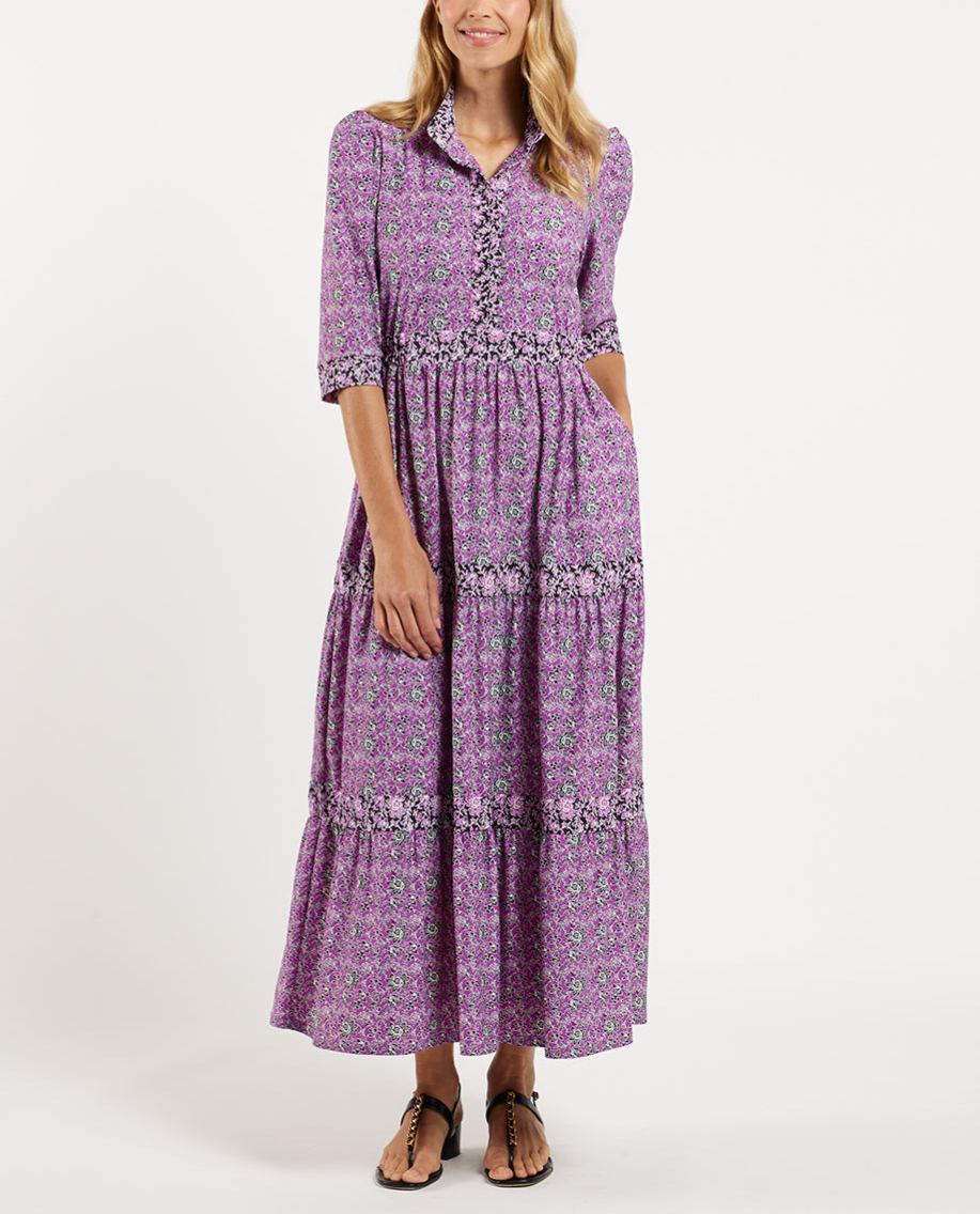 Elegant Floral Mandarin Collar Puff Shoulder Maxi Dress