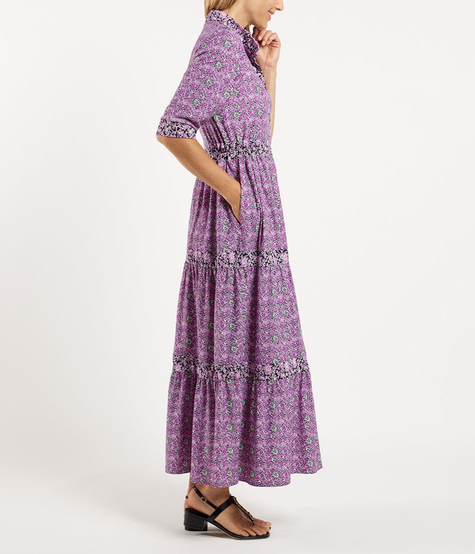 Elegant Floral Mandarin Collar Puff Shoulder Maxi Dress