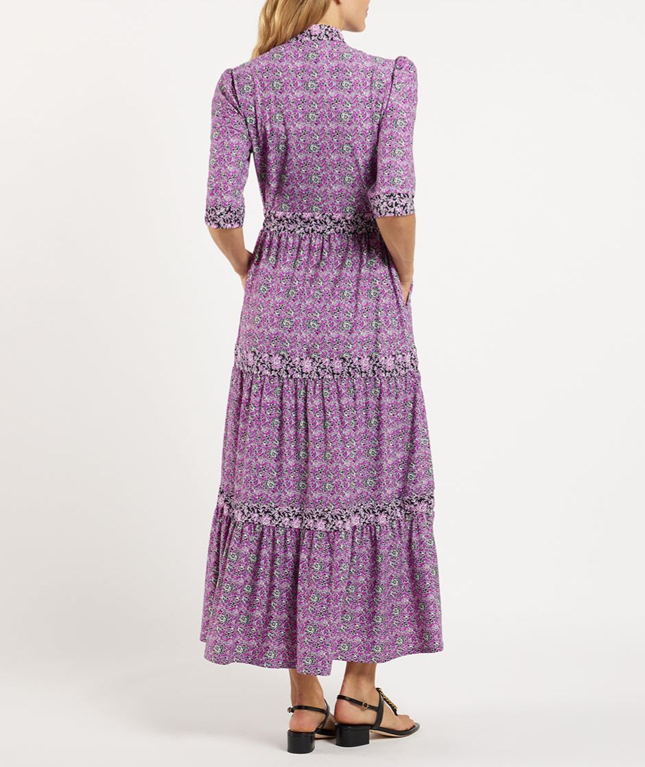 Elegant Floral Mandarin Collar Puff Shoulder Maxi Dress