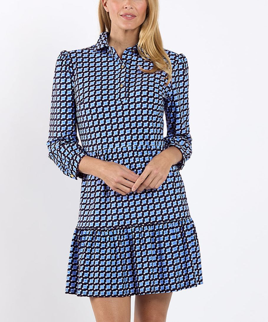 Classic Blue Geo Print Shirt Dress