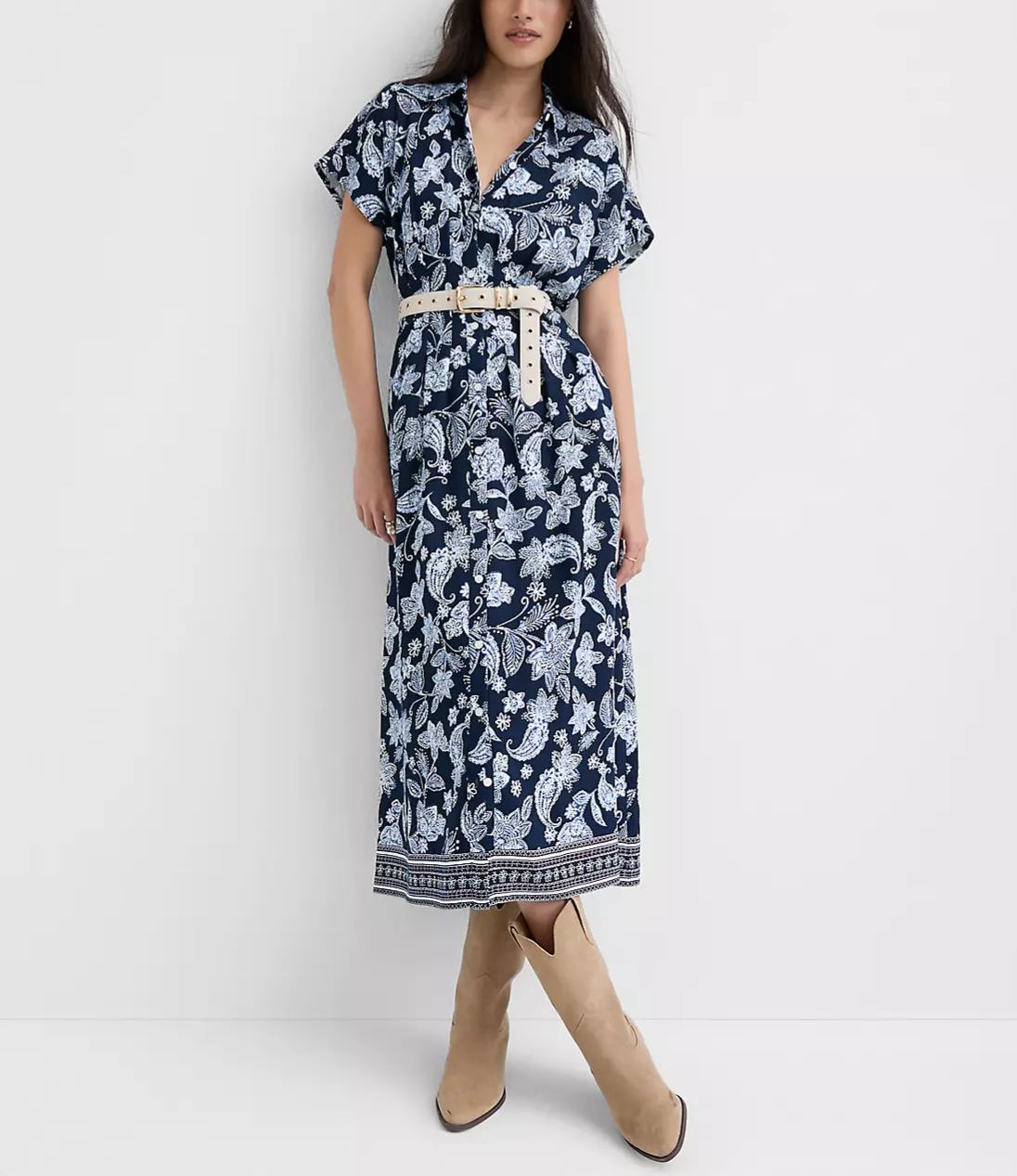 Paisley Pleated Pocket Midi Shirtdress
