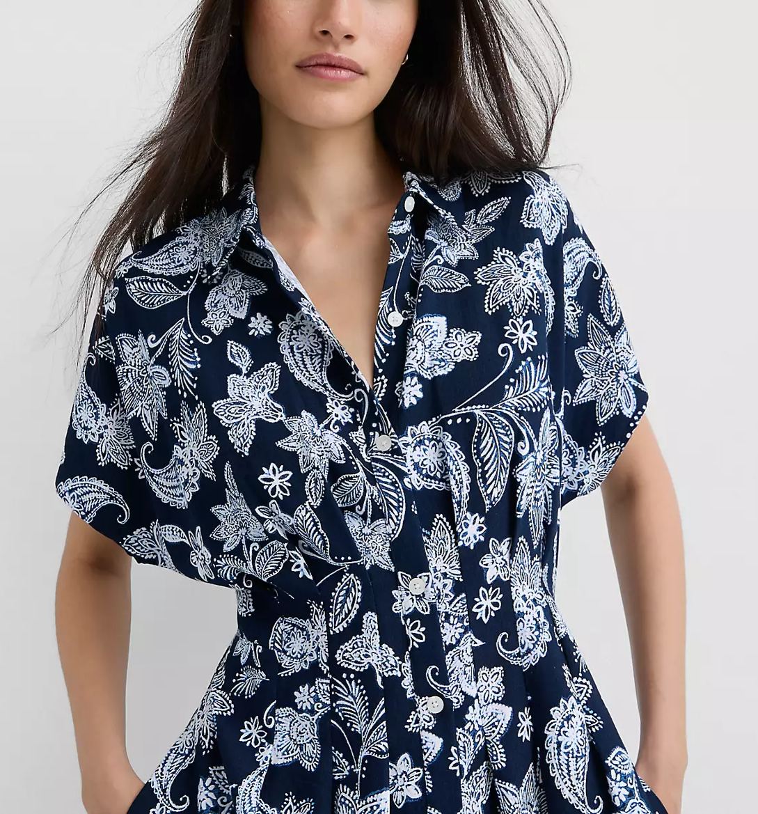 Paisley Pleated Pocket Midi Shirtdress