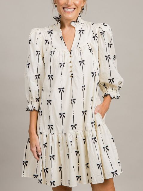 Bow Print Ruffle Dress