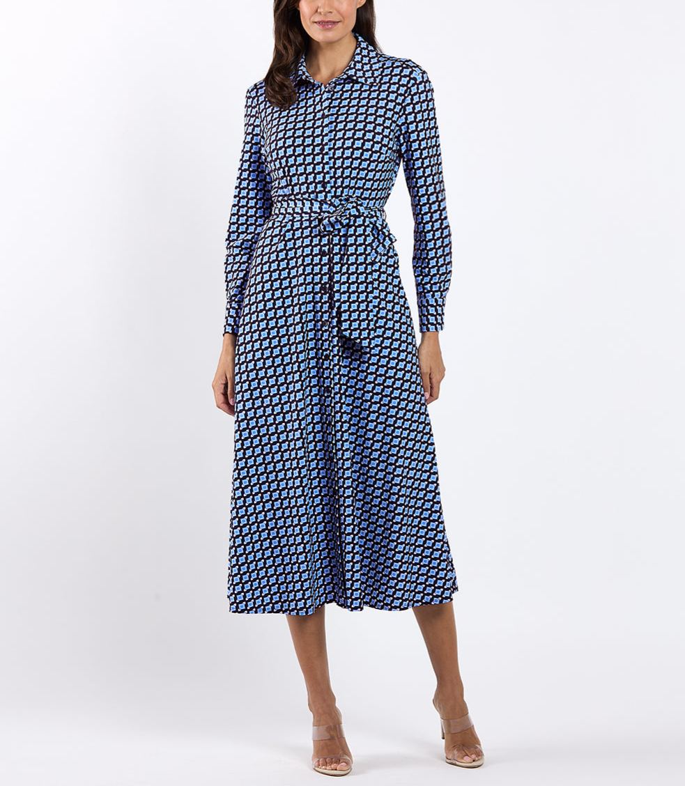 Blue Geo Print Shirt Midi Dress