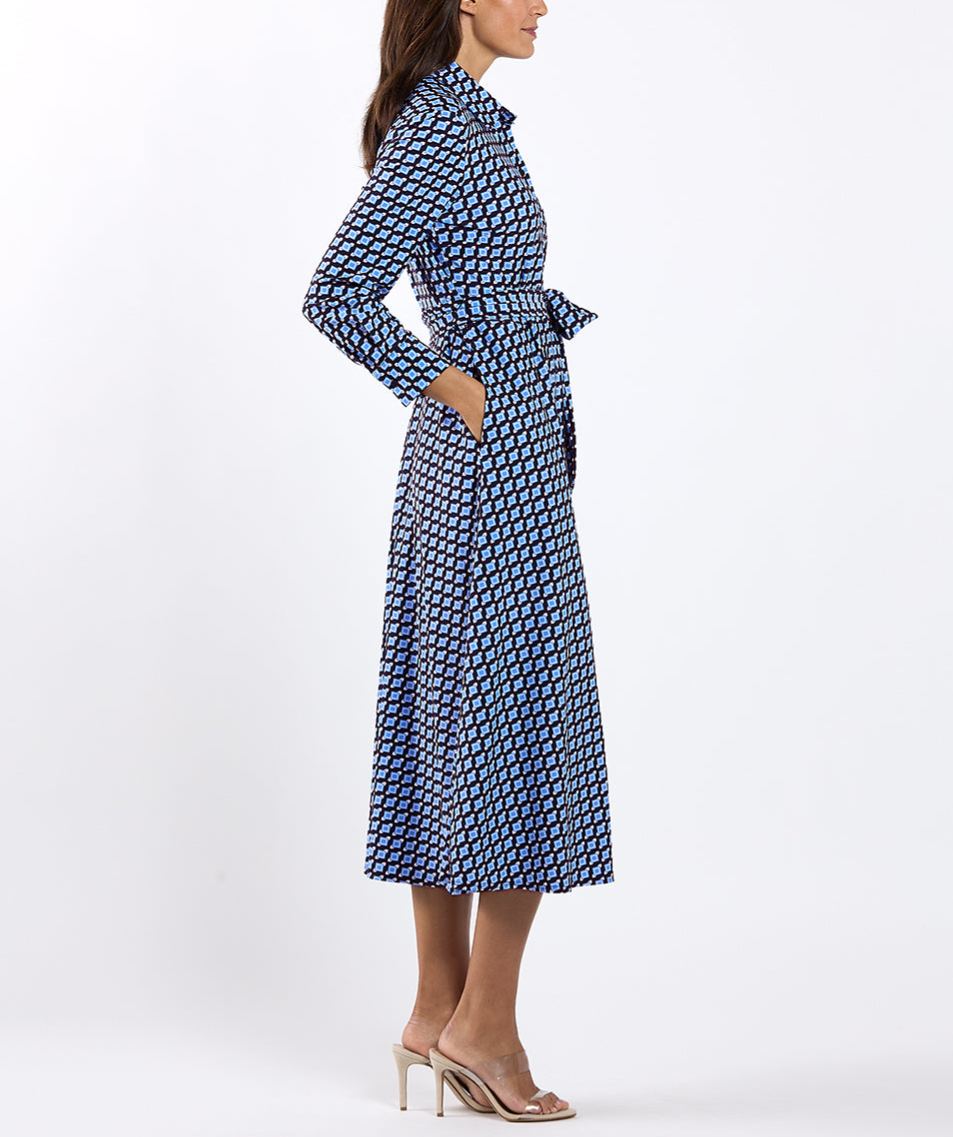 Blue Geo Print Shirt Midi Dress