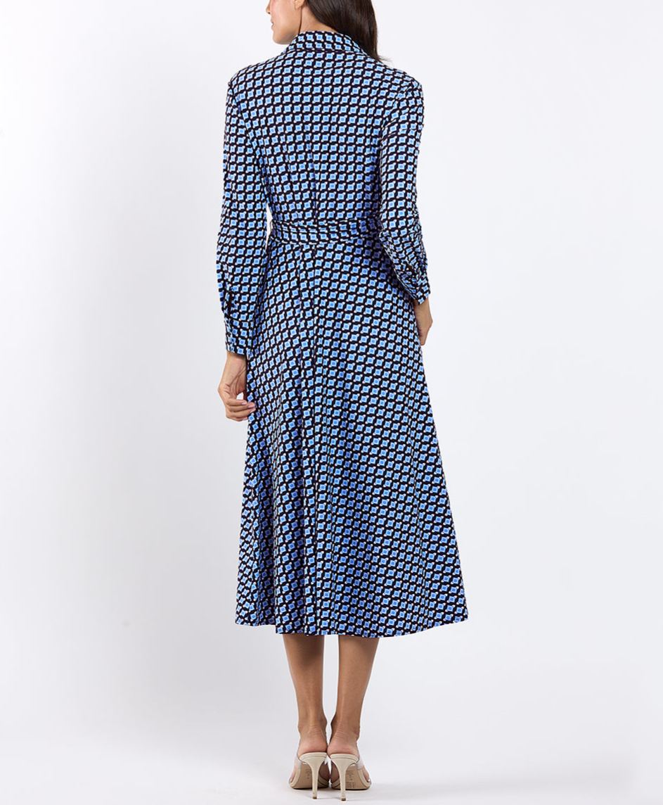 Blue Geo Print Shirt Midi Dress