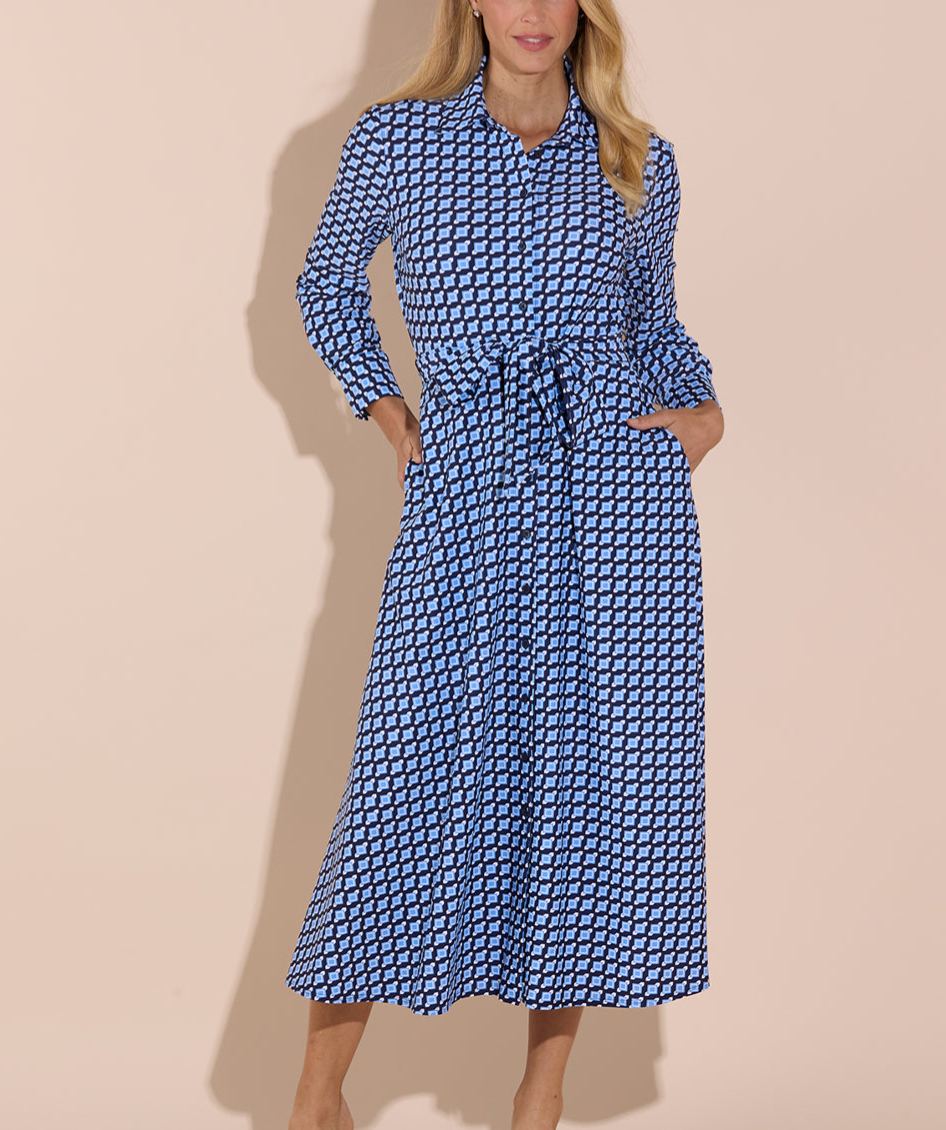 Blue Geo Print Shirt Midi Dress
