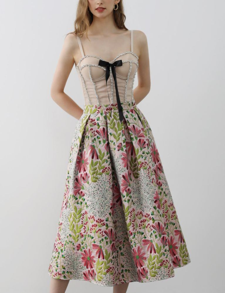 Cheerful Daisy Field Jacquard Pleated Midi Skirt