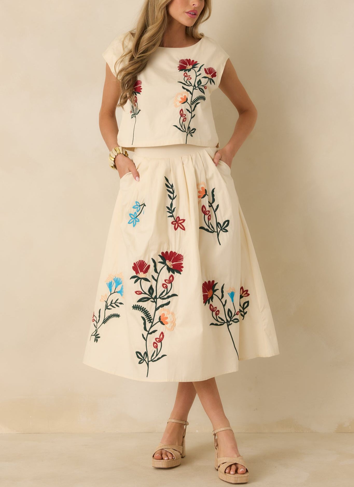 Floral Embroidered Crop Top & Midi Skirt Set