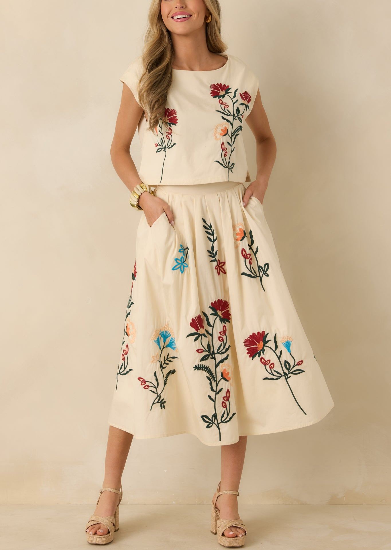 Floral Embroidered Crop Top & Midi Skirt Set