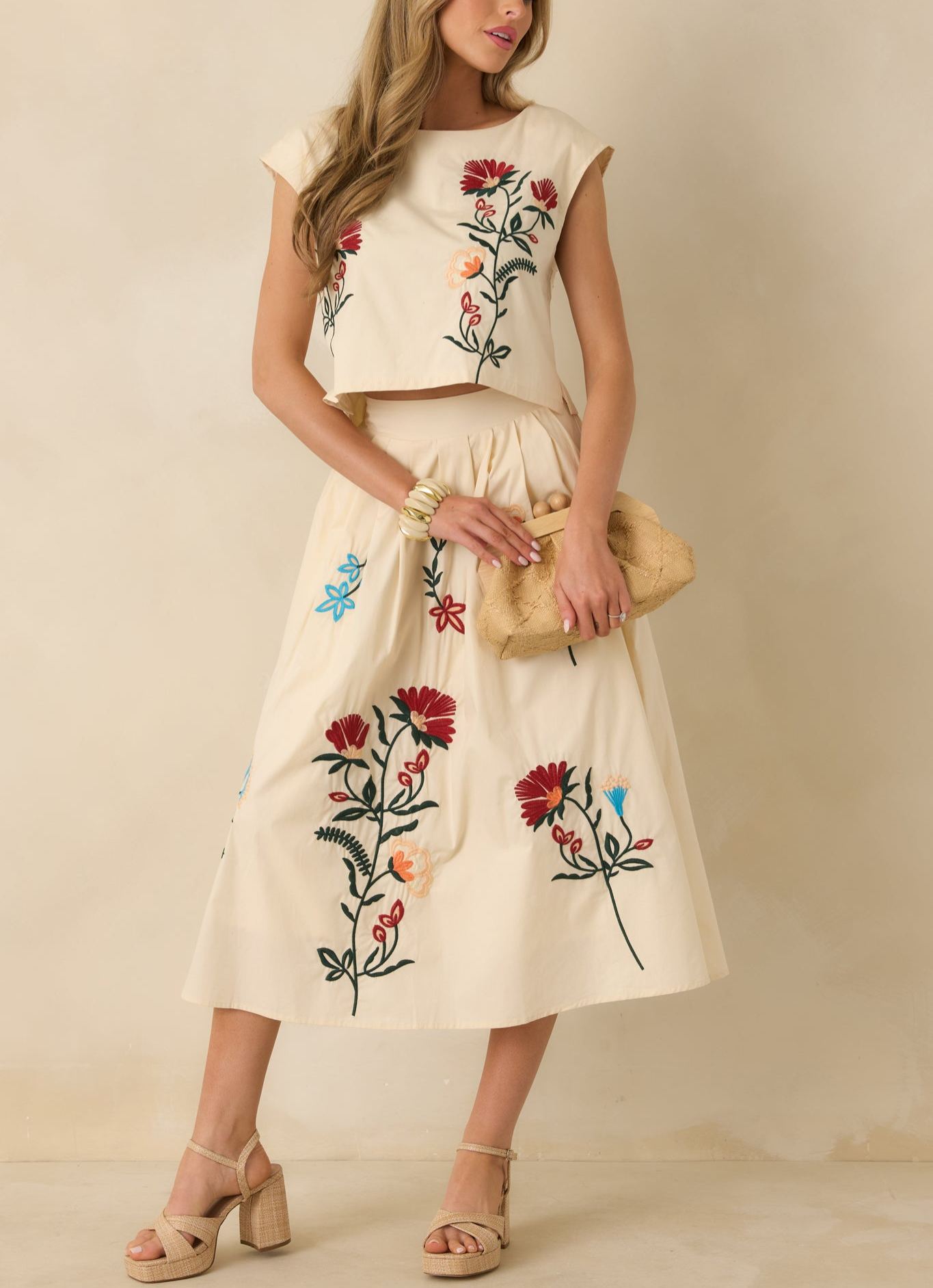 Floral Embroidered Crop Top & Midi Skirt Set