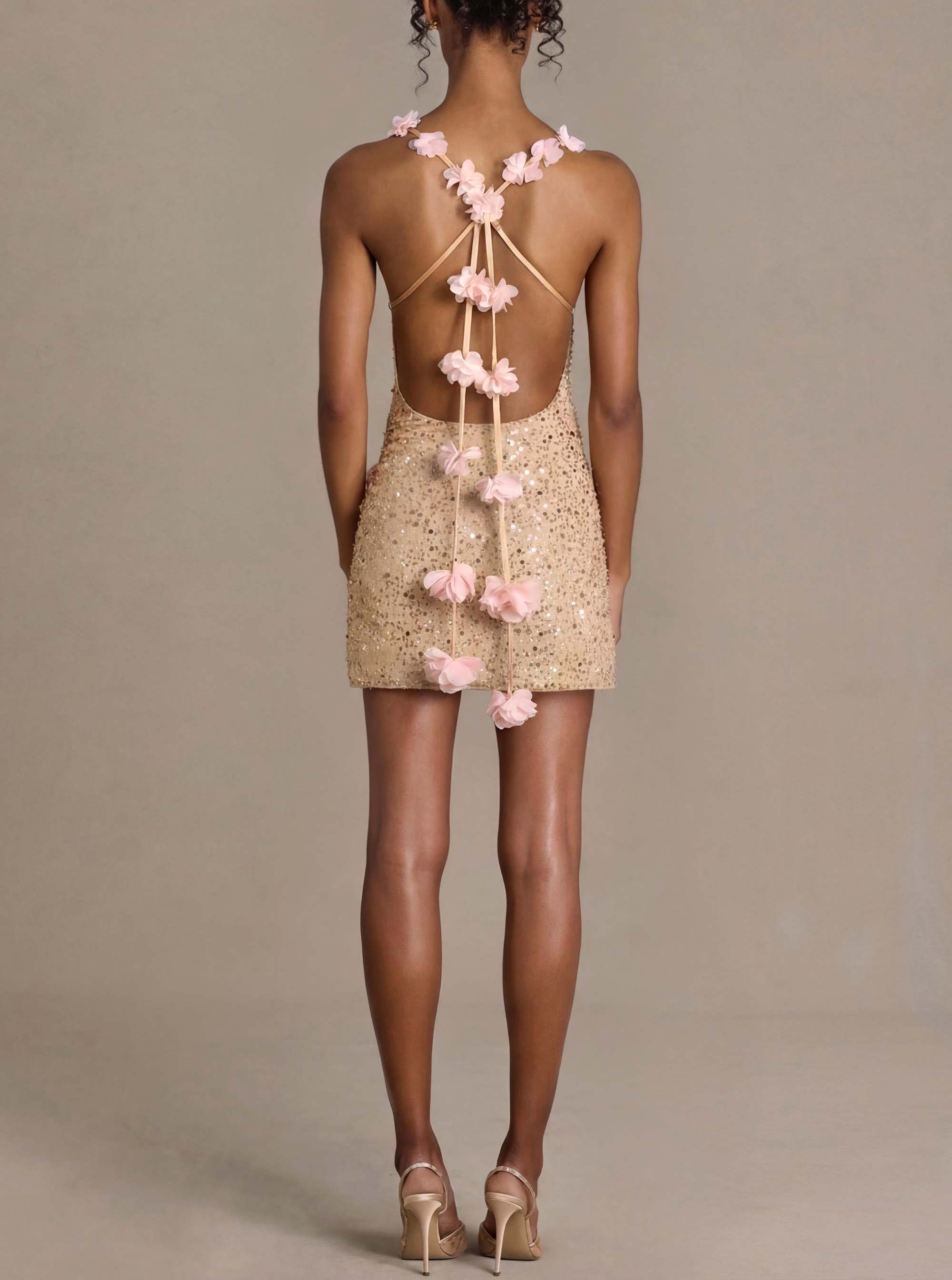 Premium Embellished Open-Back Mini Dress in Gold