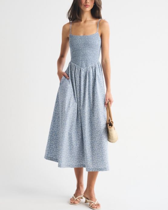 Sydney Smocked Dipped-Waist Midi Dress