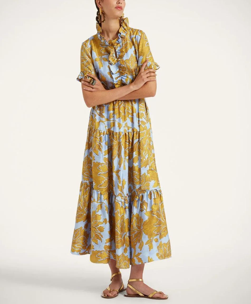 Lapel Pleated Cascading Printed Maxi Dress
