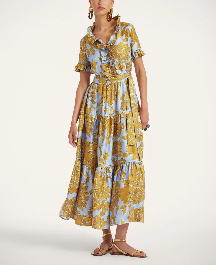 Lapel Pleated Cascading Printed Maxi Dress