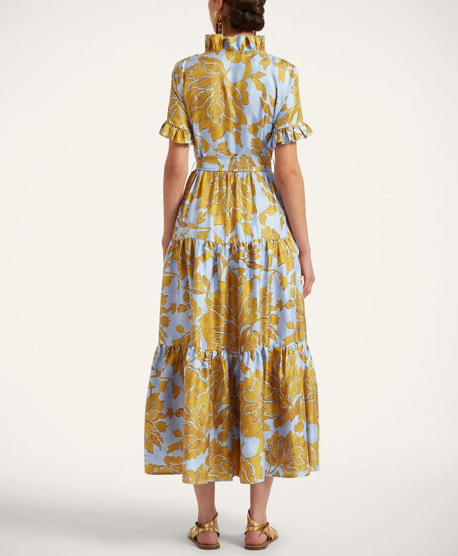 Lapel Pleated Cascading Printed Maxi Dress