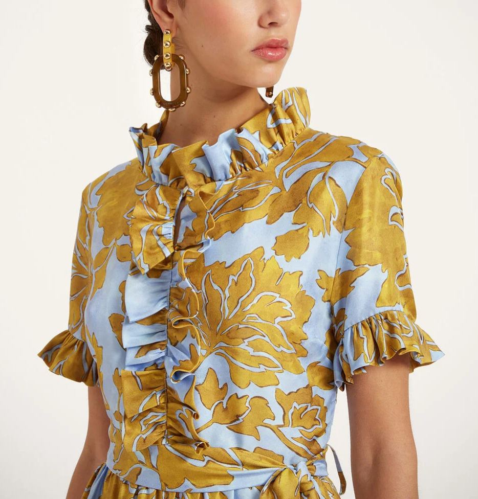 Lapel Pleated Cascading Printed Maxi Dress