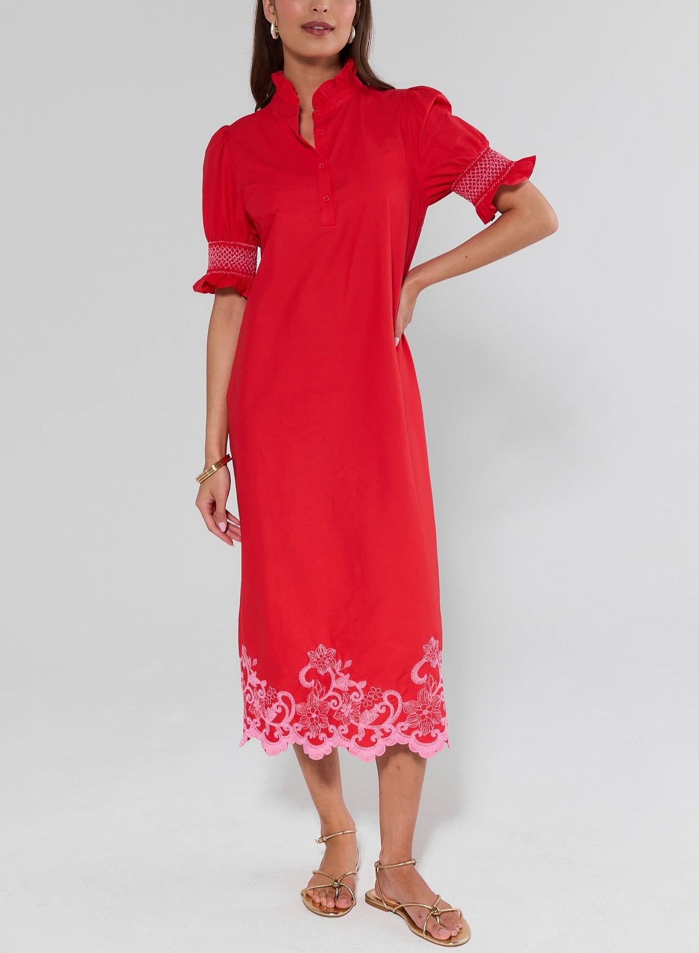 Elegant Red Embroidered Midi Dress