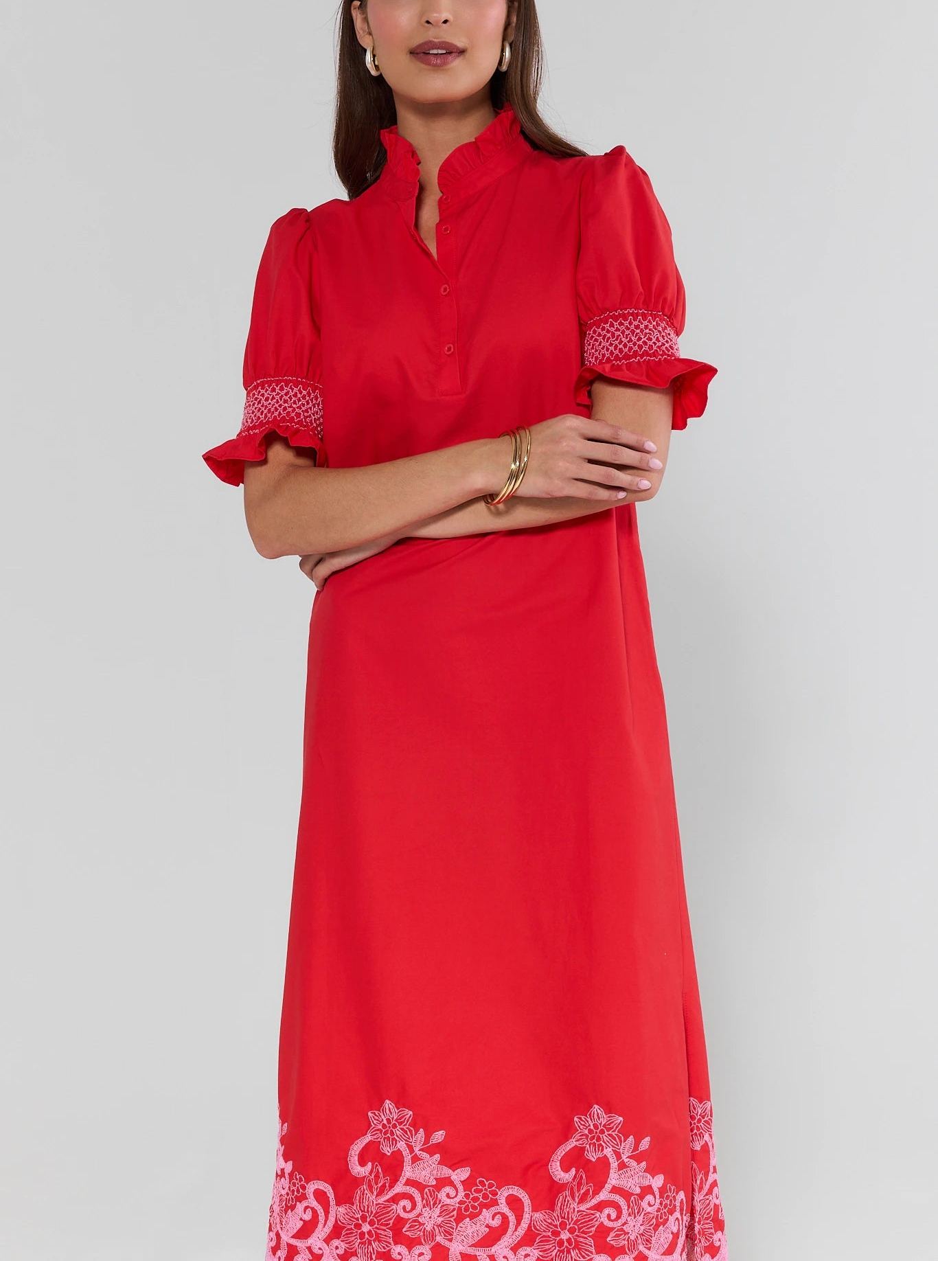 Elegant Red Embroidered Midi Dress
