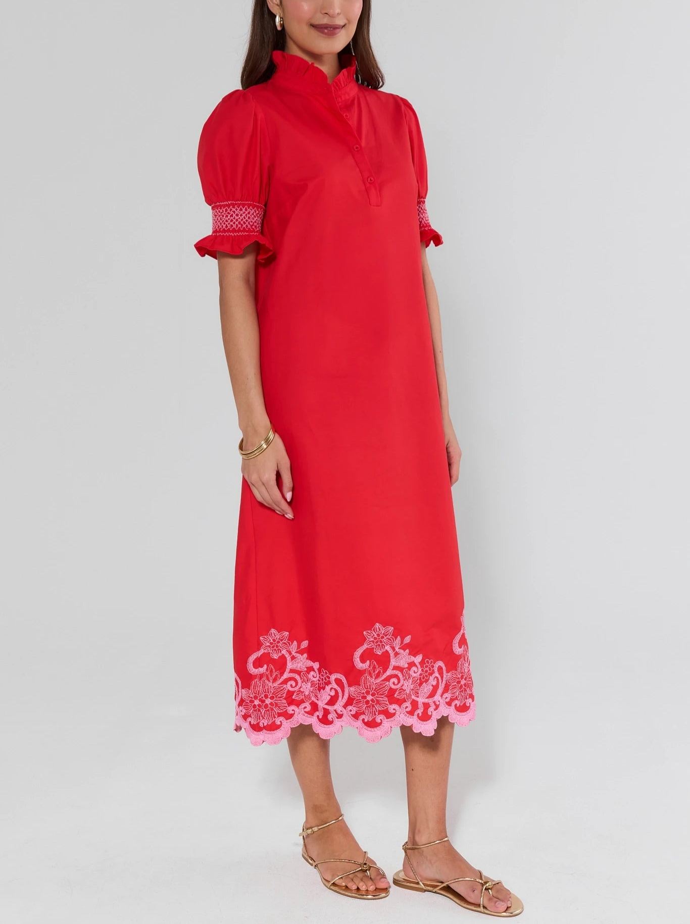 Elegant Red Embroidered Midi Dress