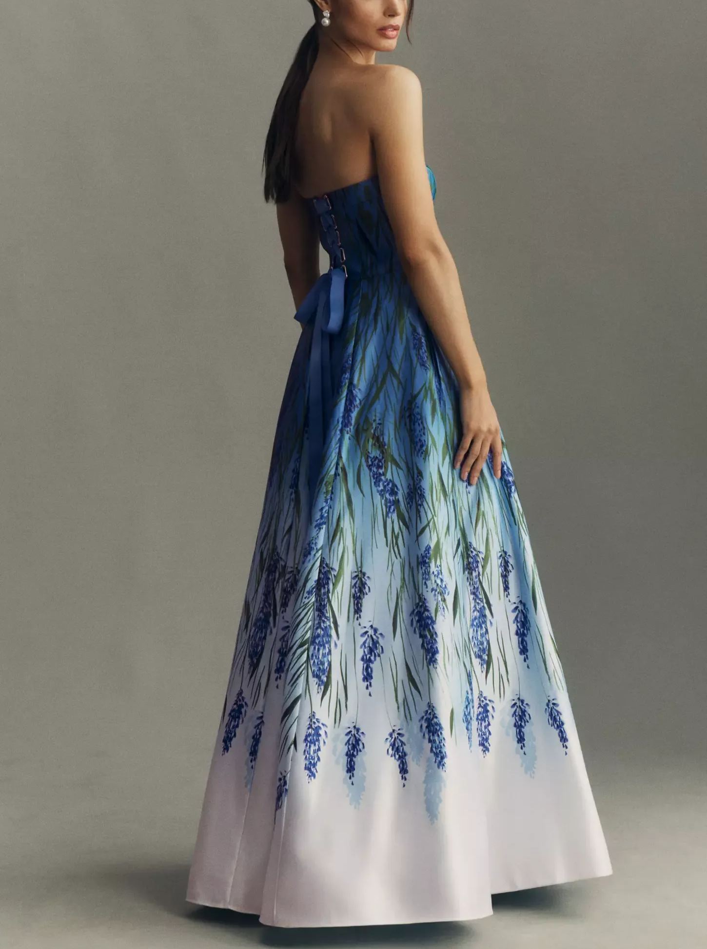 Strapless Printed Satin A-Line Maxi Dress