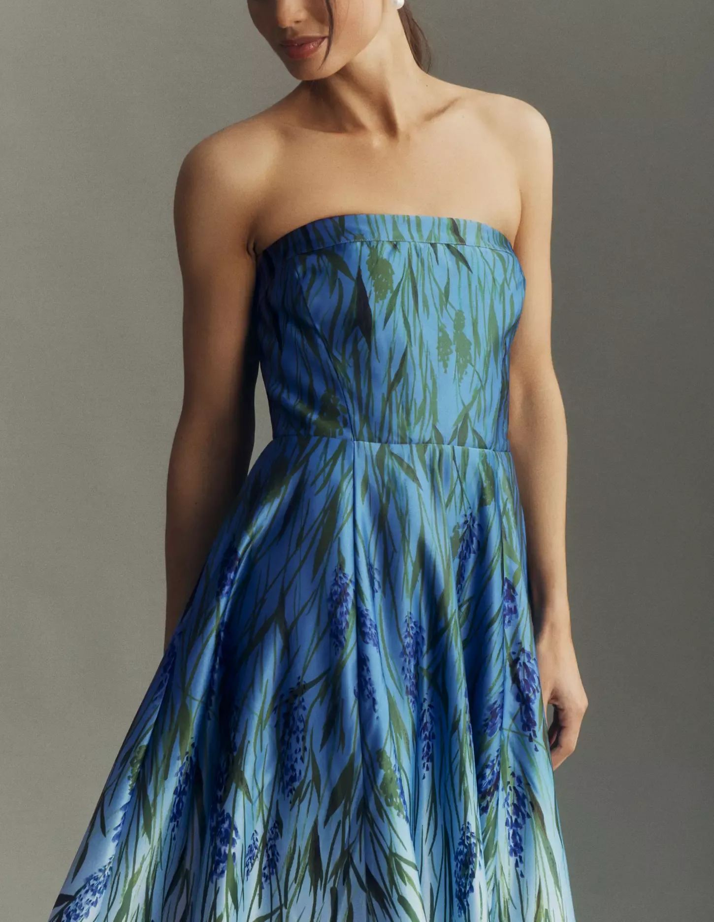 Strapless Printed Satin A-Line Maxi Dress