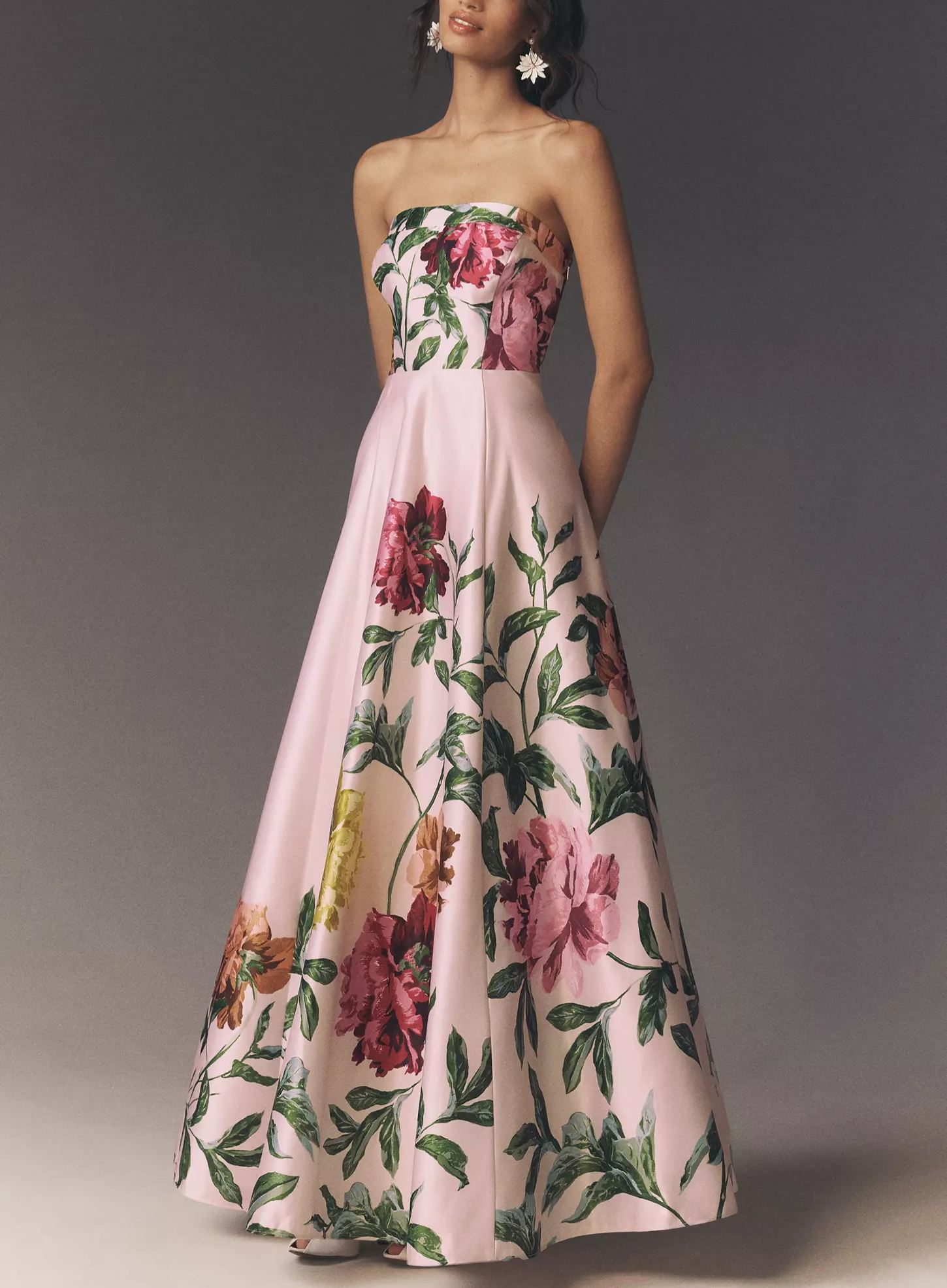 Strapless Printed Satin A-Line Maxi Dress