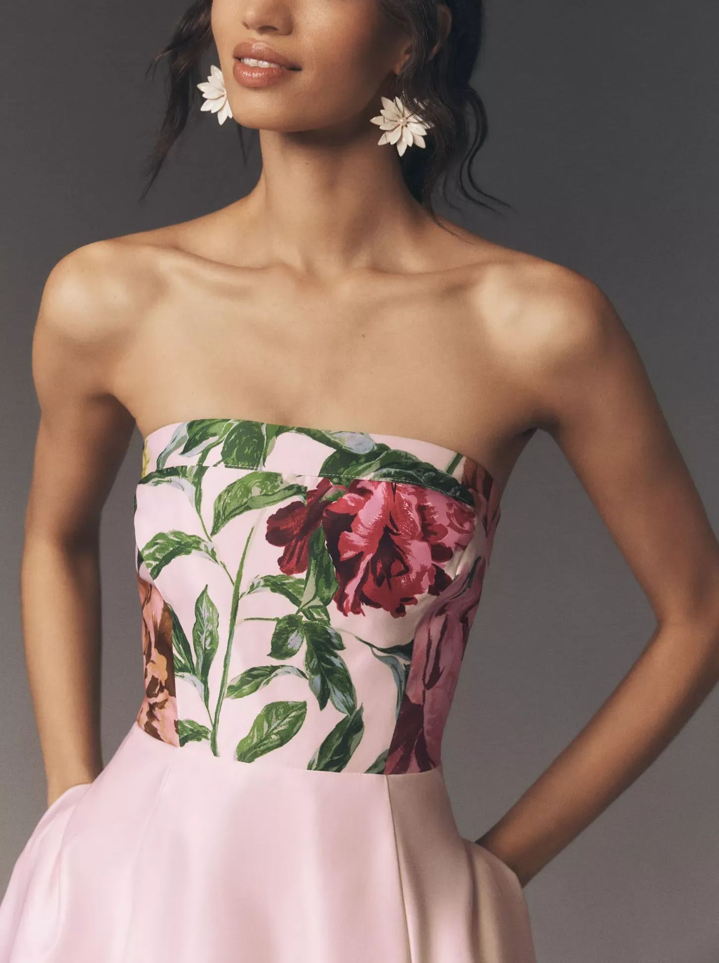 Strapless Printed Satin A-Line Maxi Dress