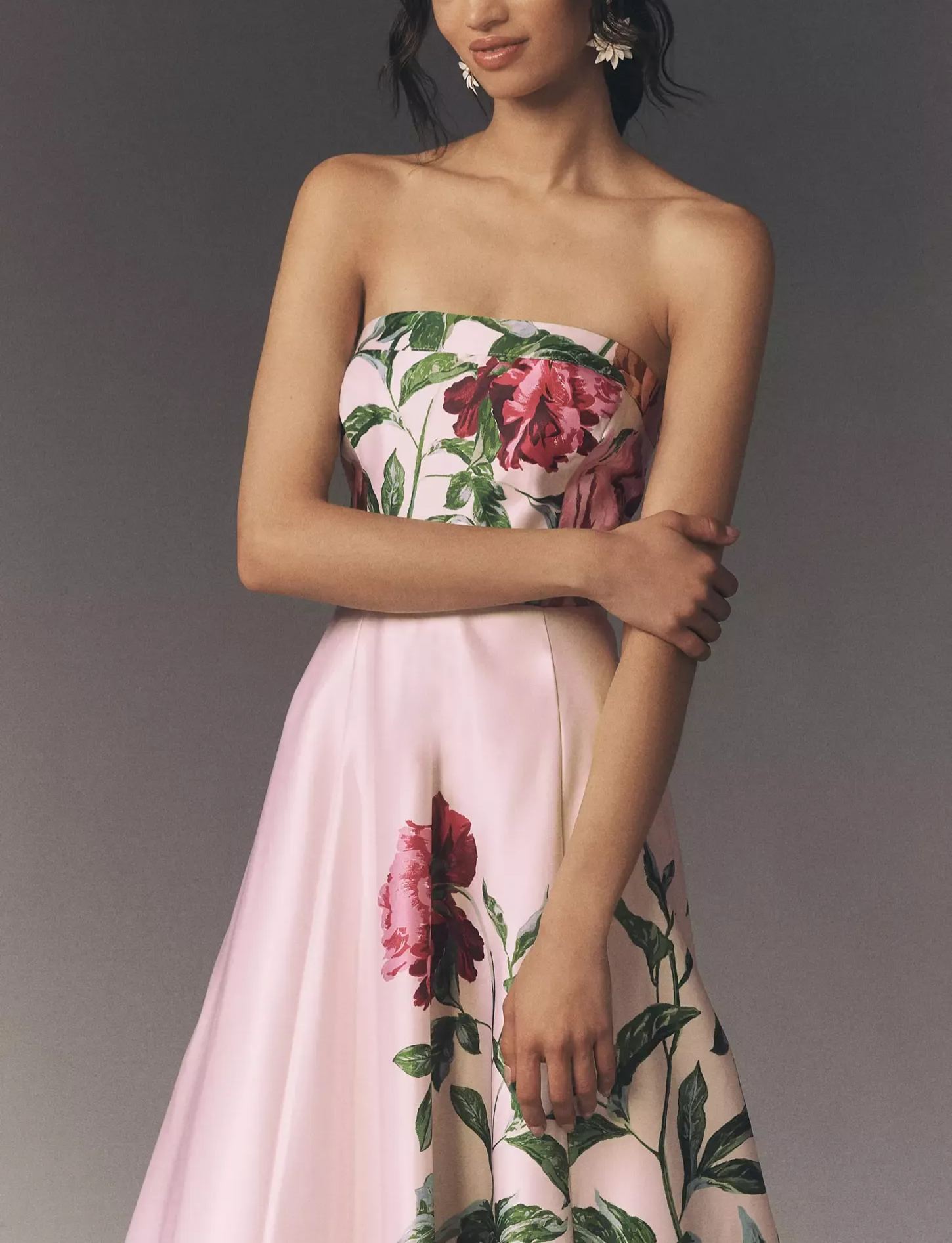 Strapless Printed Satin A-Line Maxi Dress