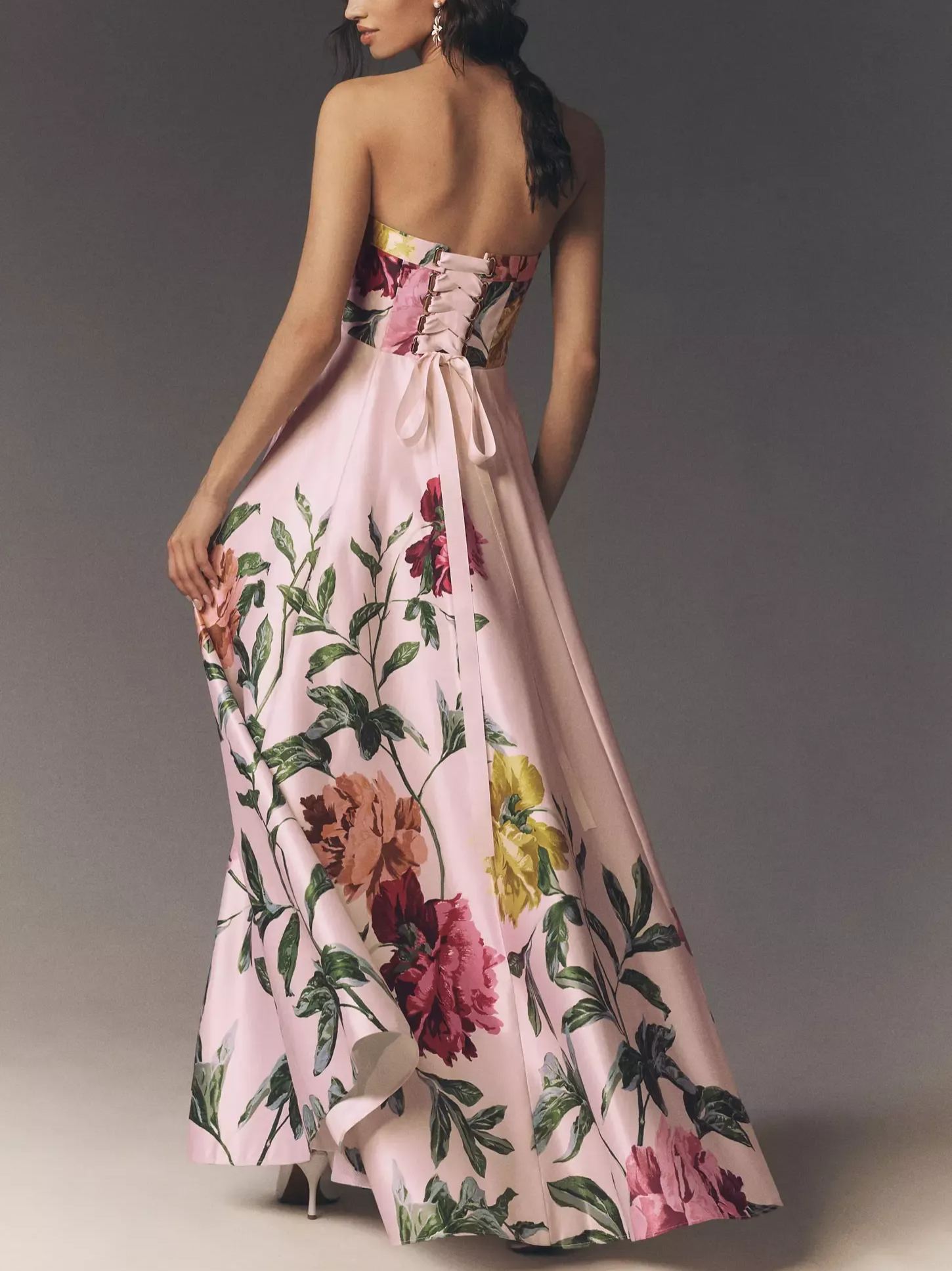 Strapless Printed Satin A-Line Maxi Dress