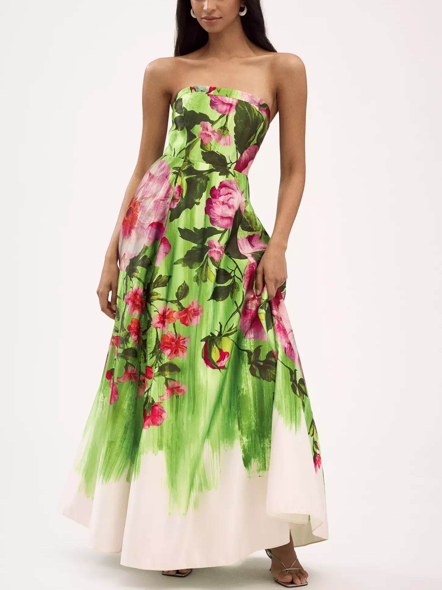 Strapless Printed Satin A-Line Maxi Dress