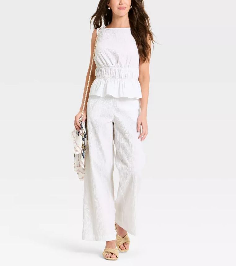 Elegant White Peplum Top & Wide-Leg Pants Set