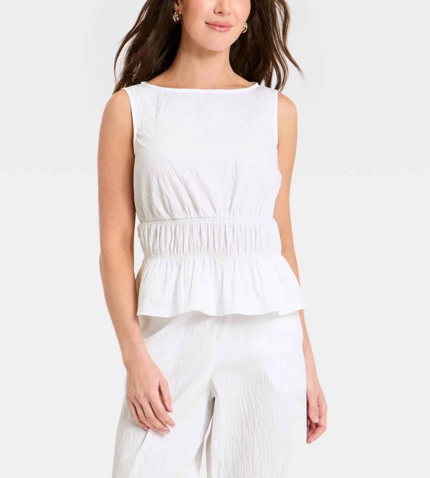 Elegant White Peplum Top & Wide-Leg Pants Set