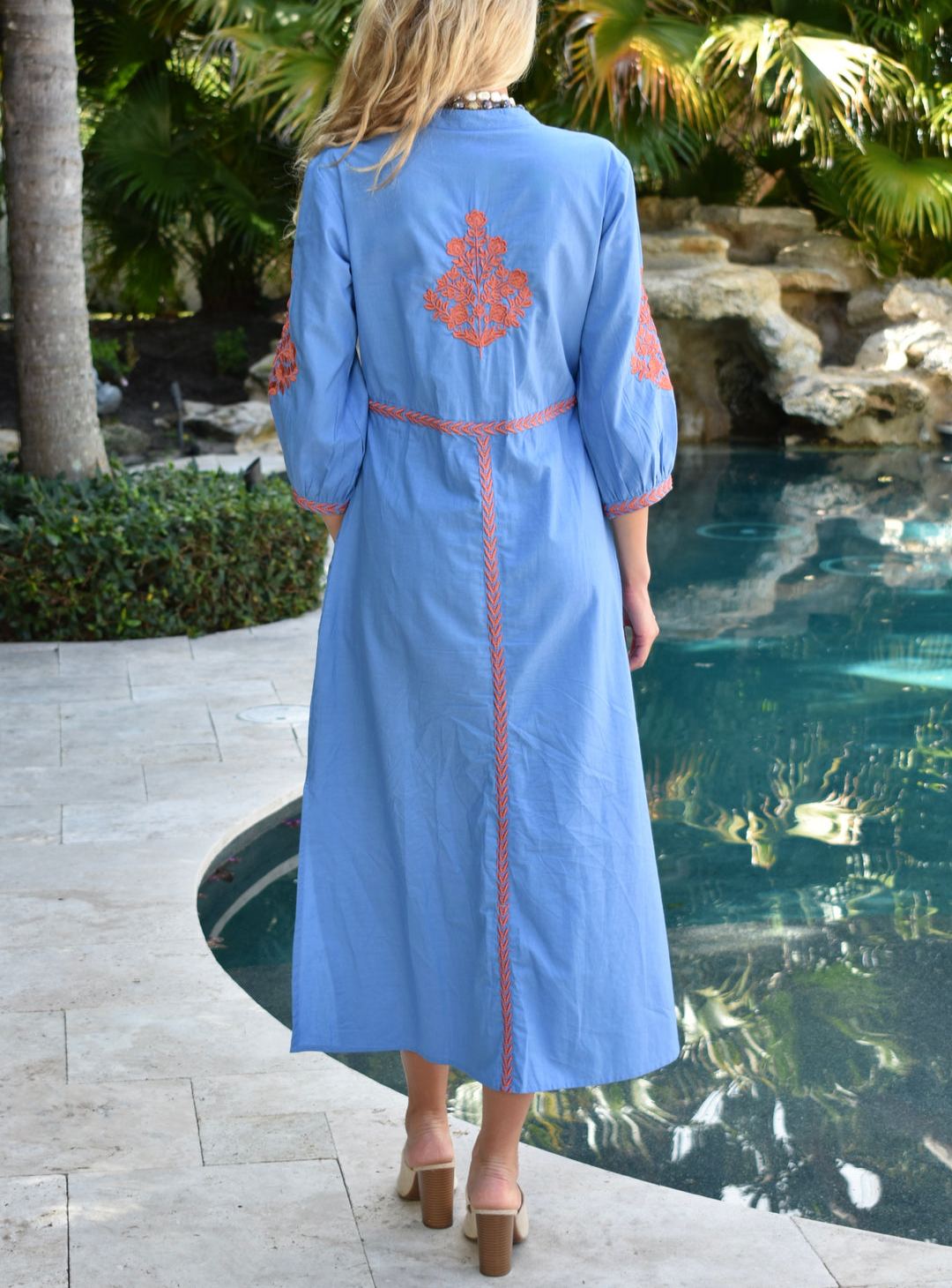 Elegant Blue Embroidered Belted Midi Dress