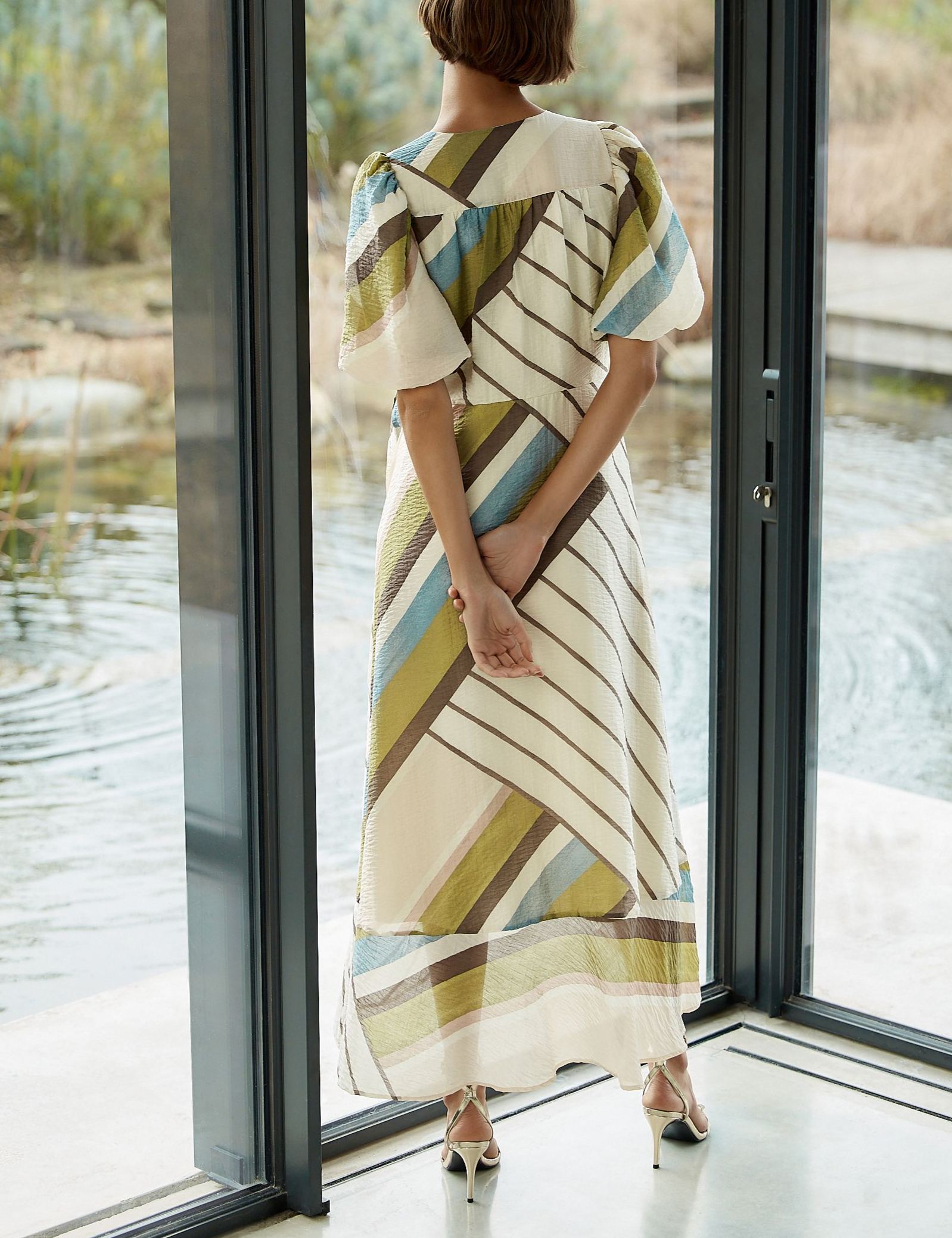 Green Stripe Puff Short Sleeve Wrap Occasion Midi Dress