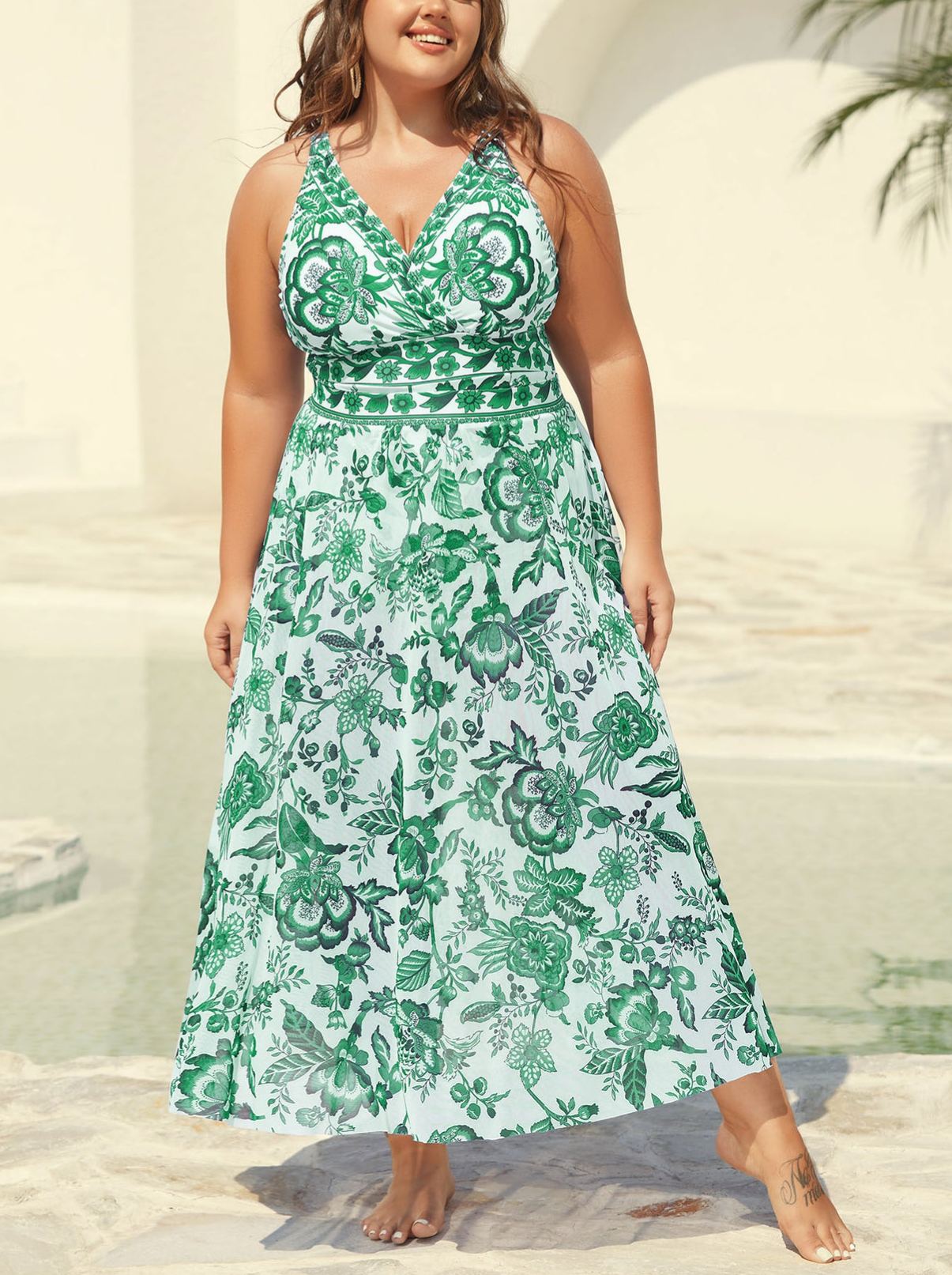 Floral Print Ruched Mesh One-Piece Swimsuit Set