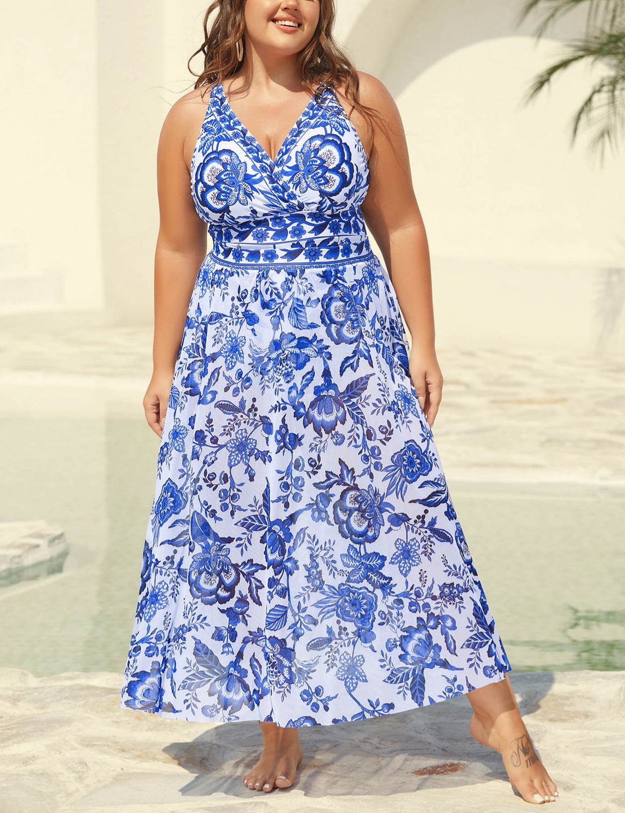 Floral Print Ruched Mesh One-Piece Swimsuit Set