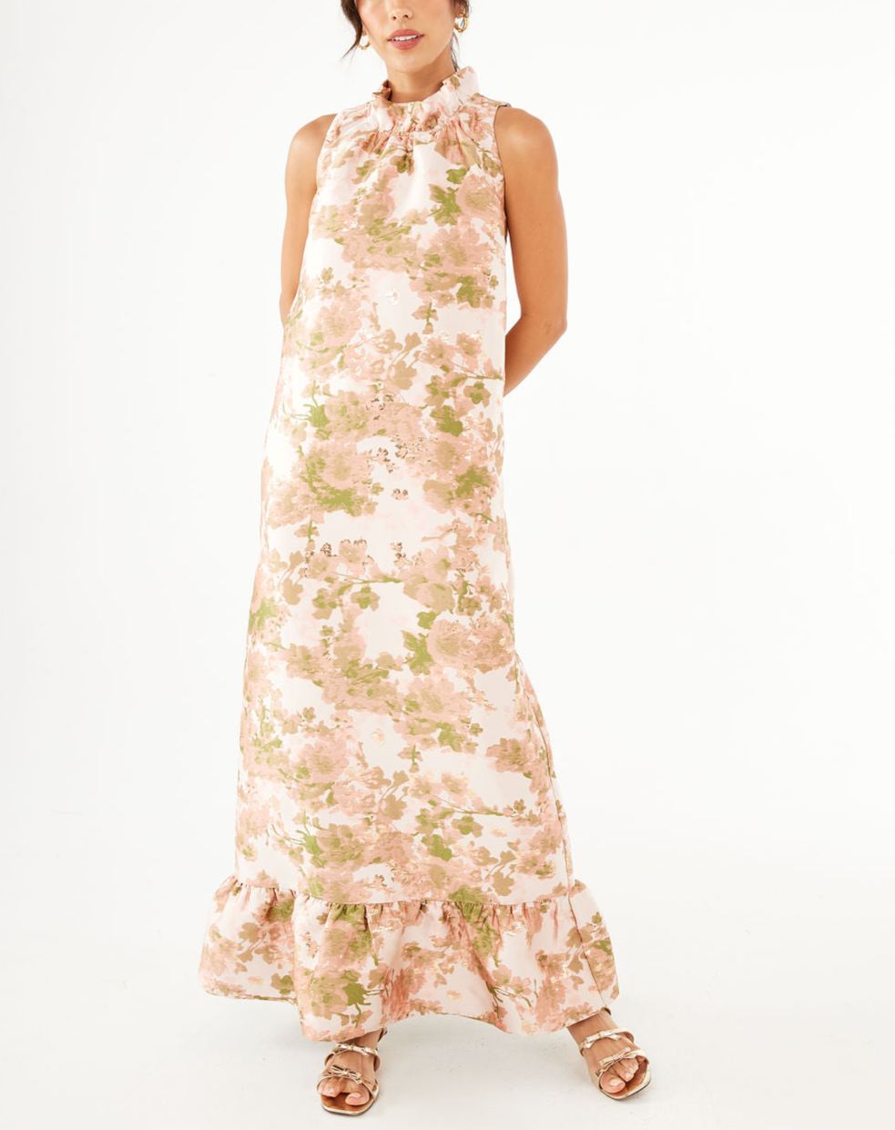 Elegant Floral Mock Neck Ruffle Maxi Dress
