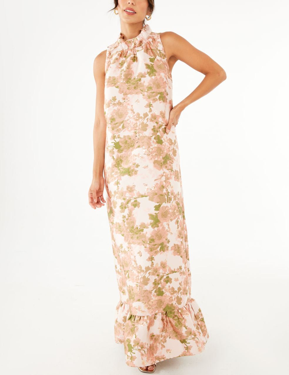 Elegant Floral Mock Neck Ruffle Maxi Dress