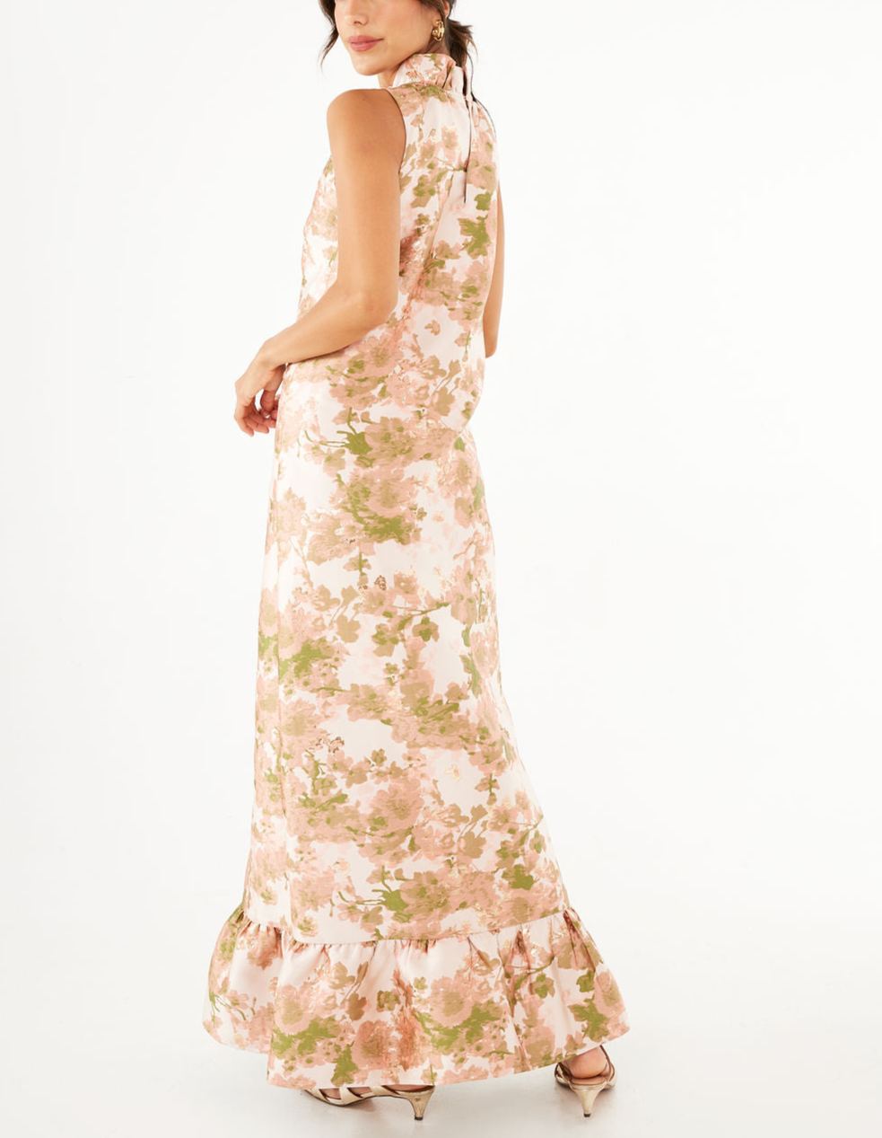 Elegant Floral Mock Neck Ruffle Maxi Dress