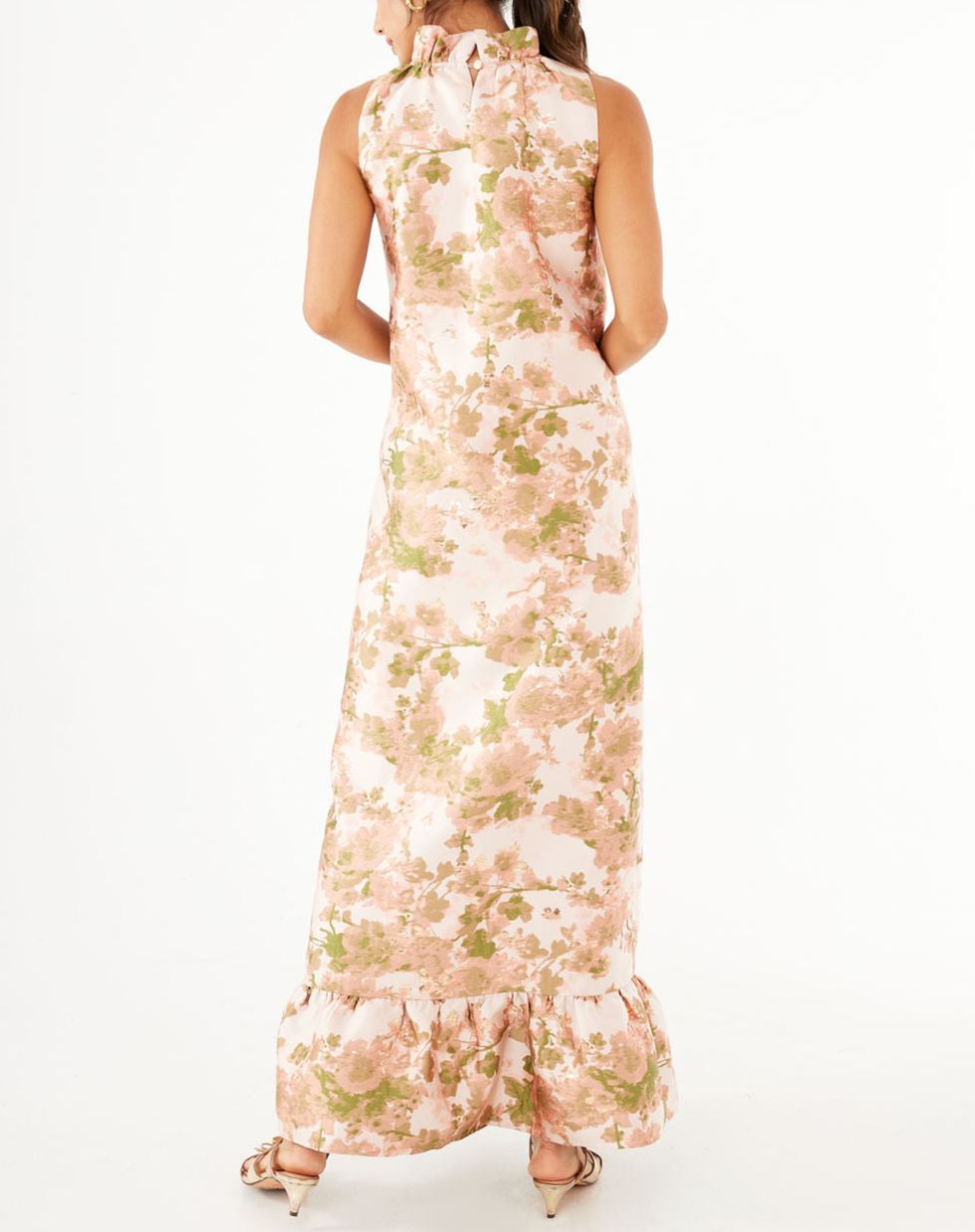 Elegant Floral Mock Neck Ruffle Maxi Dress
