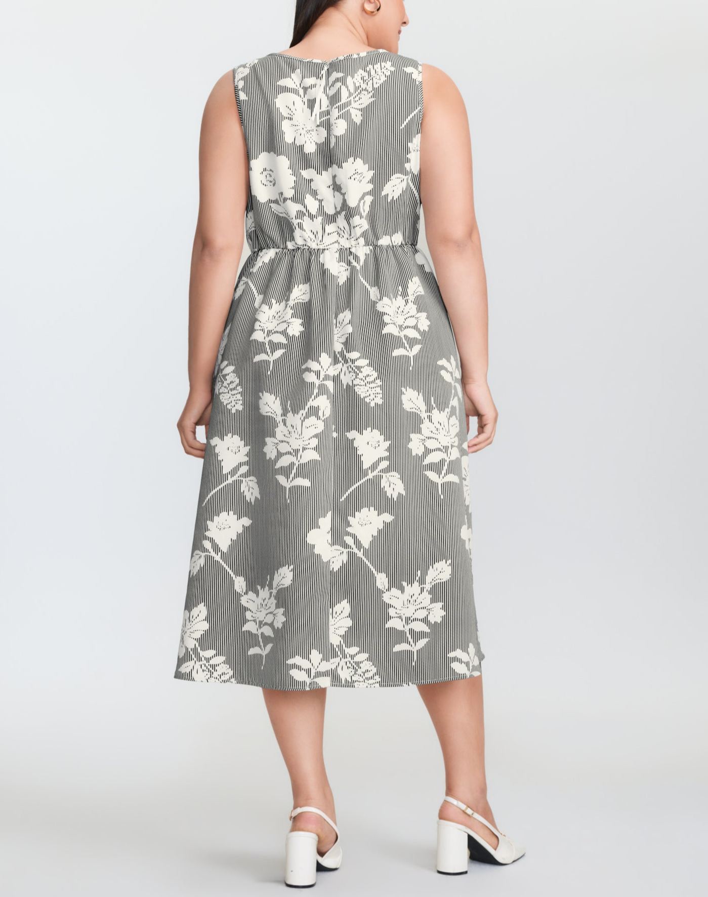 Striped Floral Print Notched Collar Midi Dress