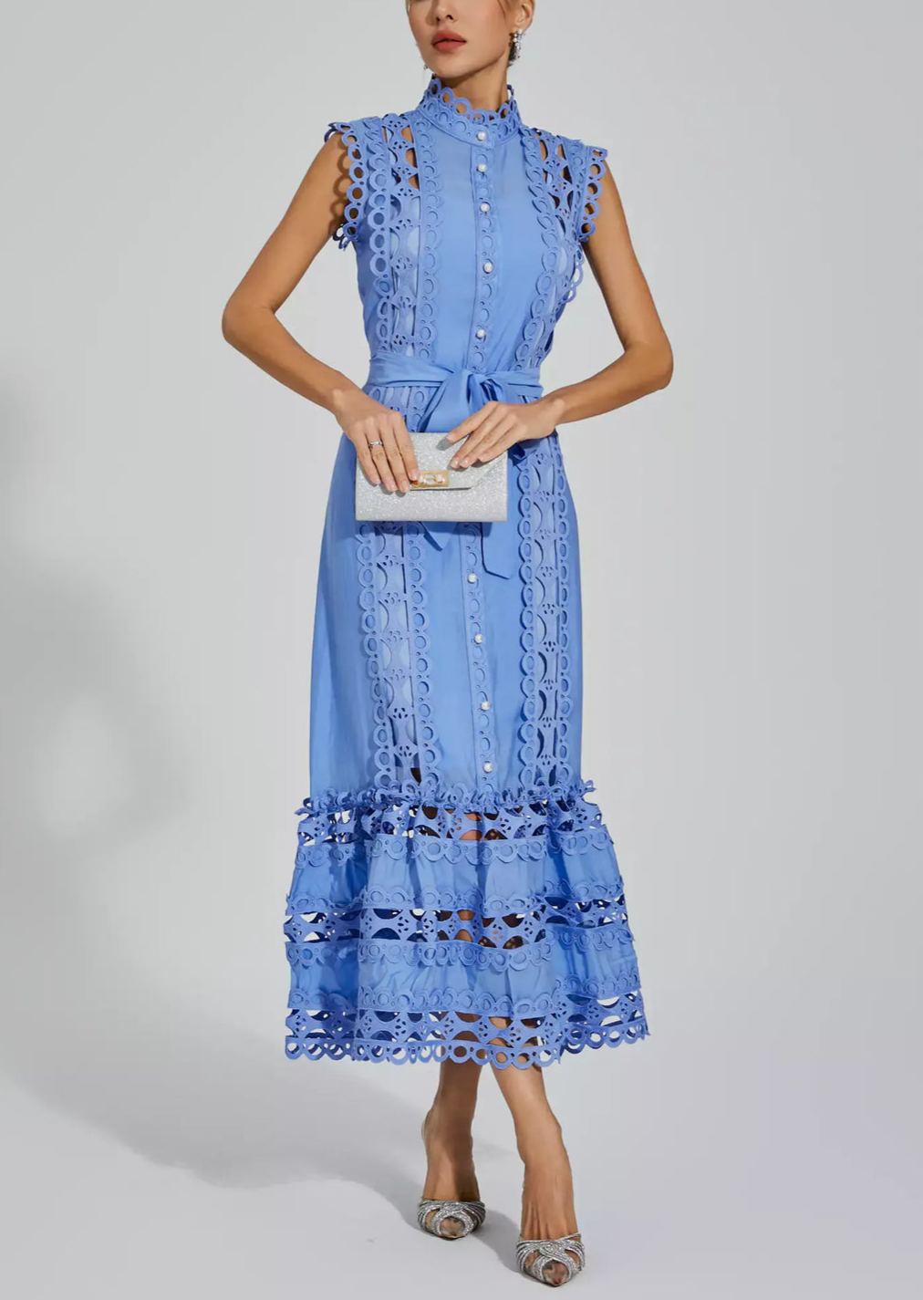 Blue Sleeveless Hollow Dress