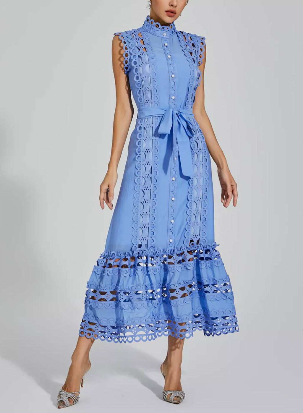 Blue Sleeveless Hollow Dress