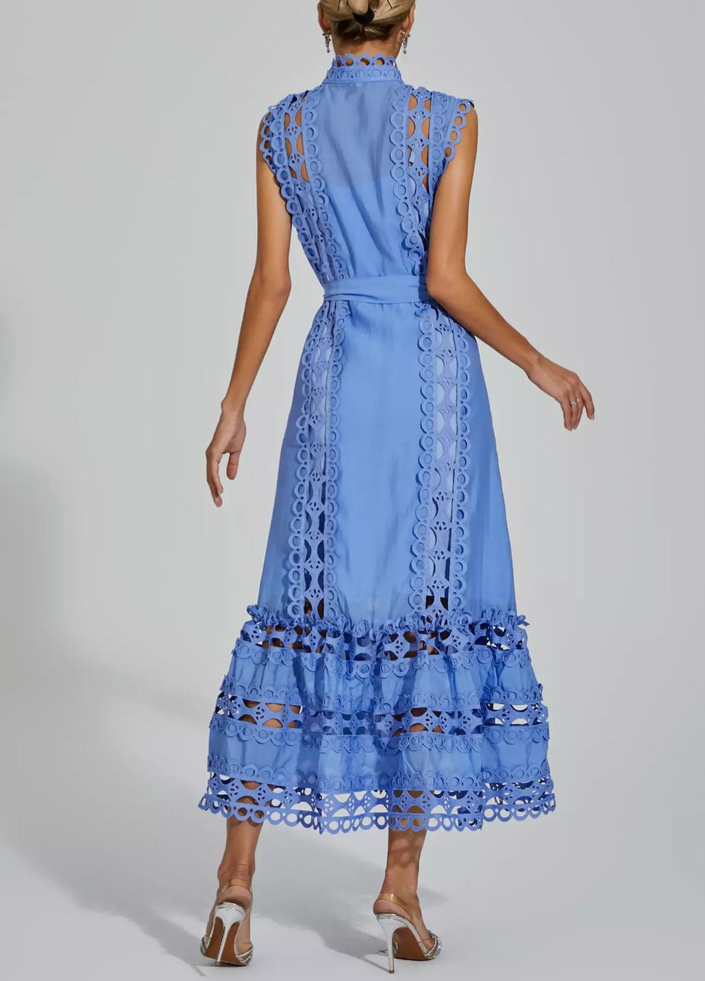 Blue Sleeveless Hollow Dress