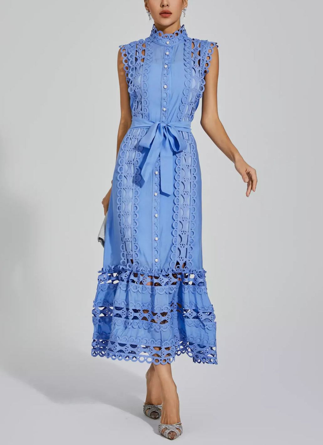 Blue Sleeveless Hollow Dress