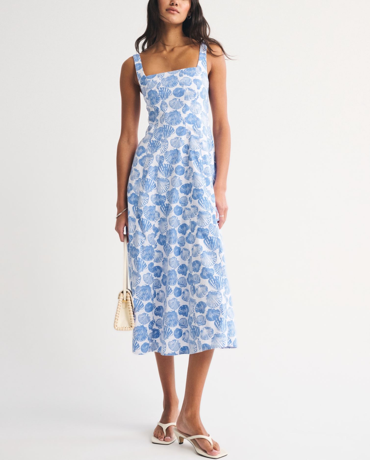 Blue Shell Print Square Neck Midi Dress
