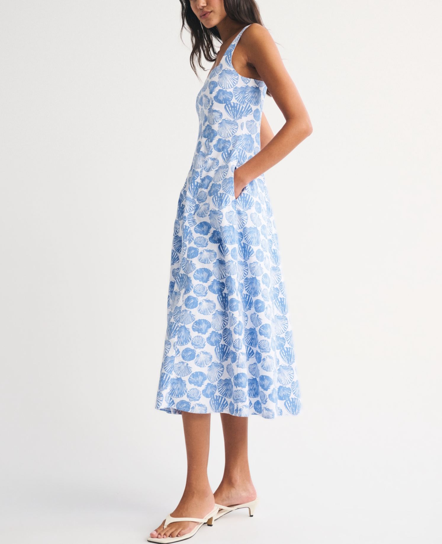 Blue Shell Print Square Neck Midi Dress