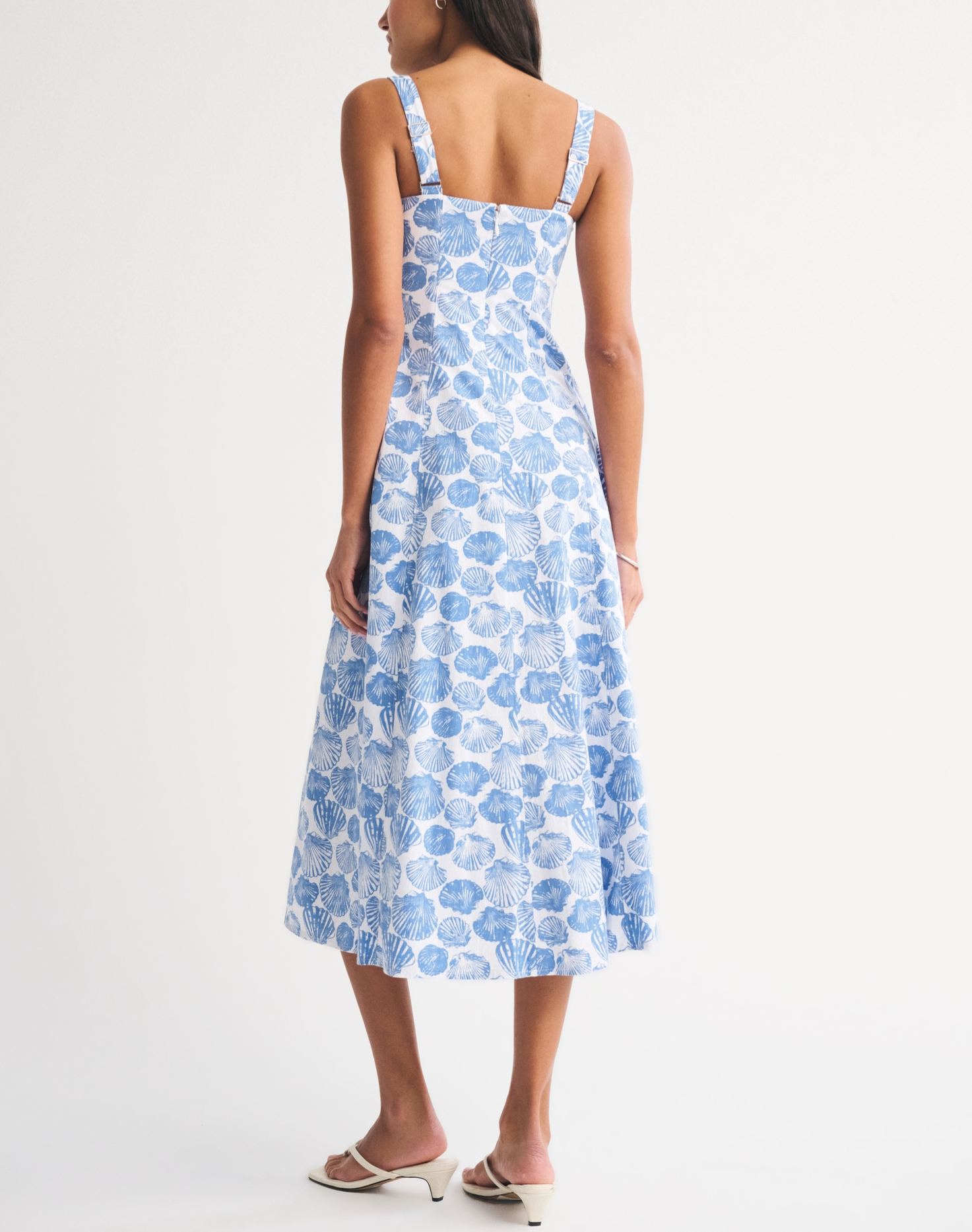 Blue Shell Print Square Neck Midi Dress