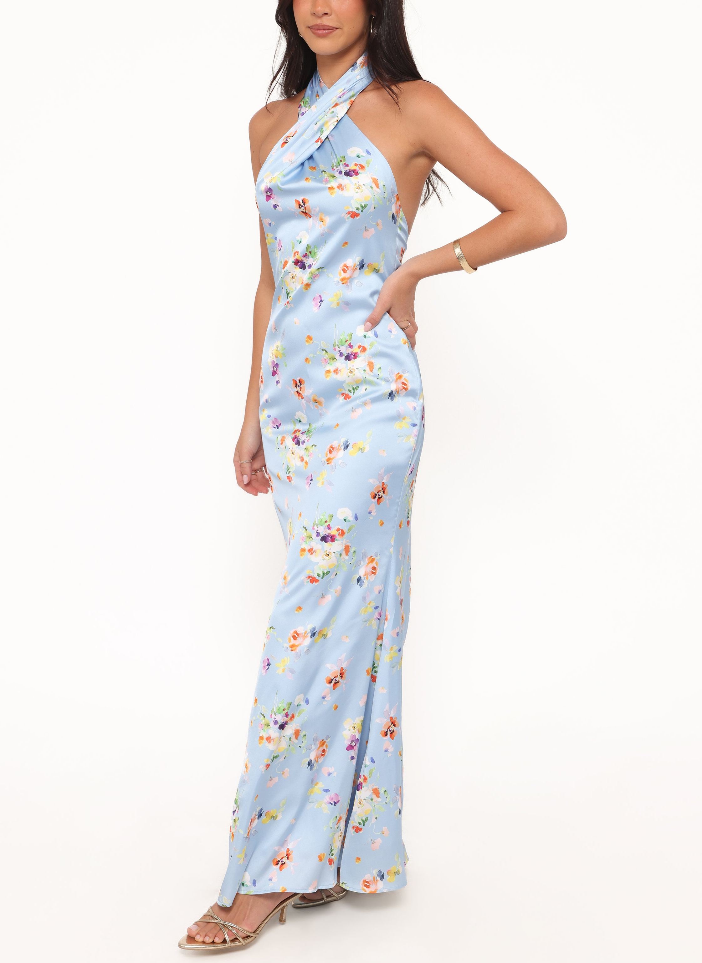 Floral Breeze Satin Maxi Dress